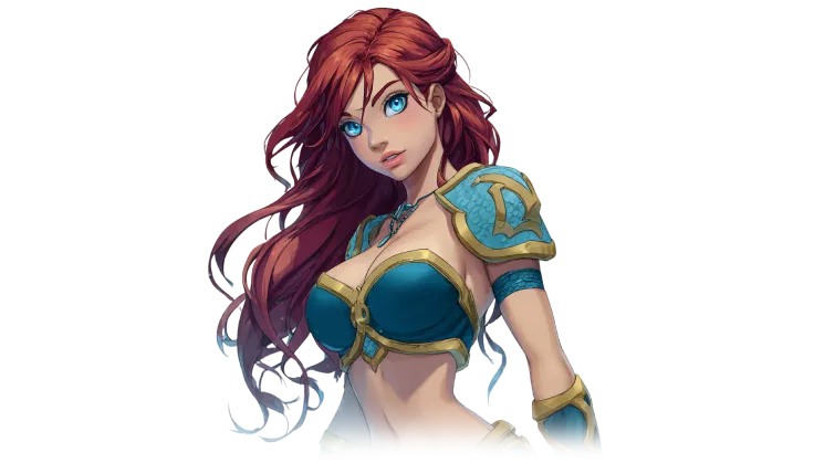 Herojė su raudonais plaukais ir šarvais